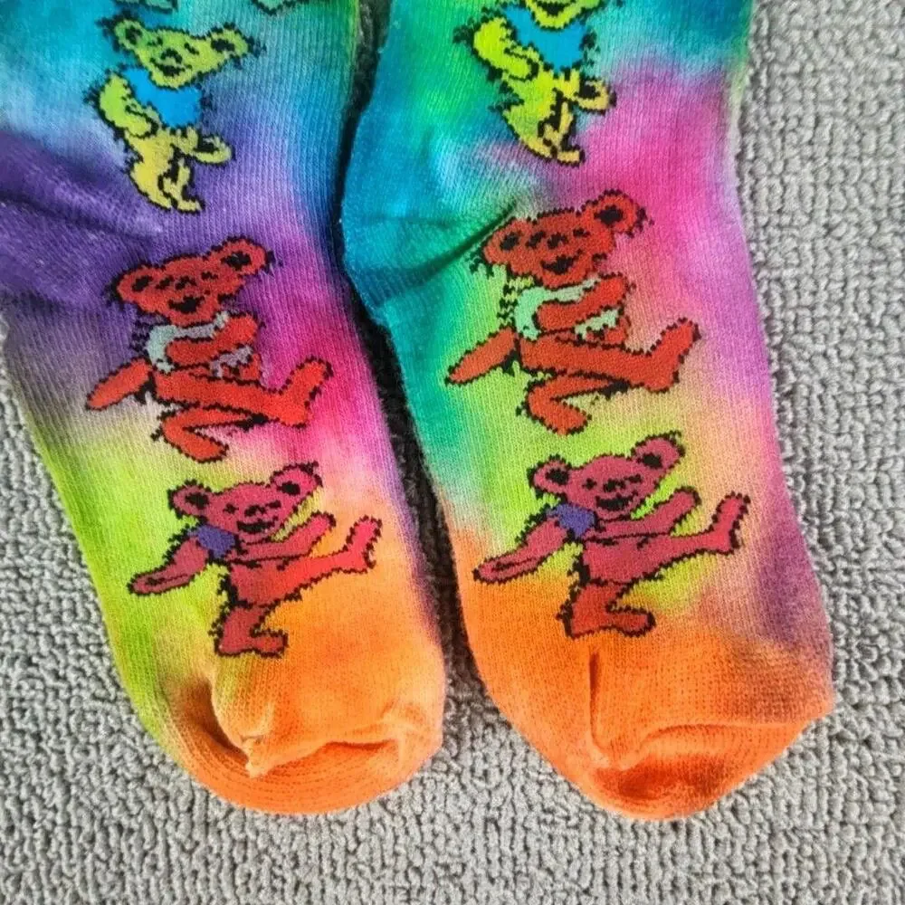 Tie Dye Dancing Bears Socks Mens One Size Multicolor Novelty Mid Calf Crew